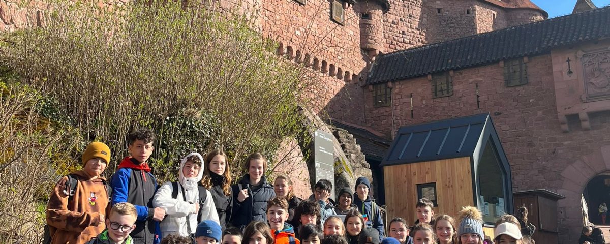 mehrere Schüler stehen vor einer Burg