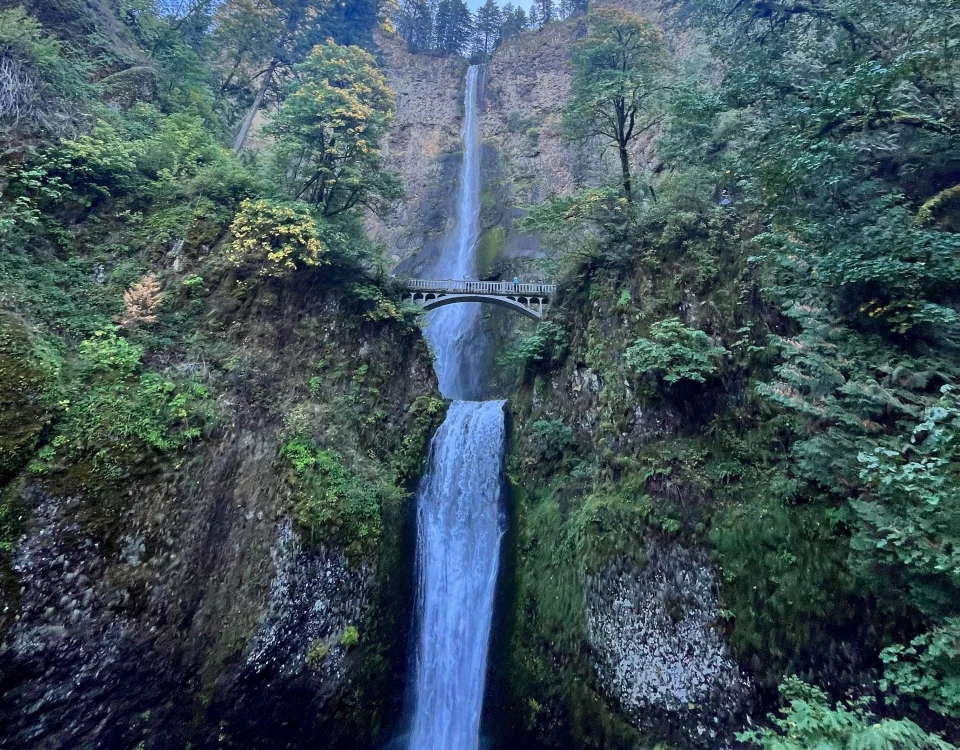 Ein Wasserfall, über dem eine Brücke ist