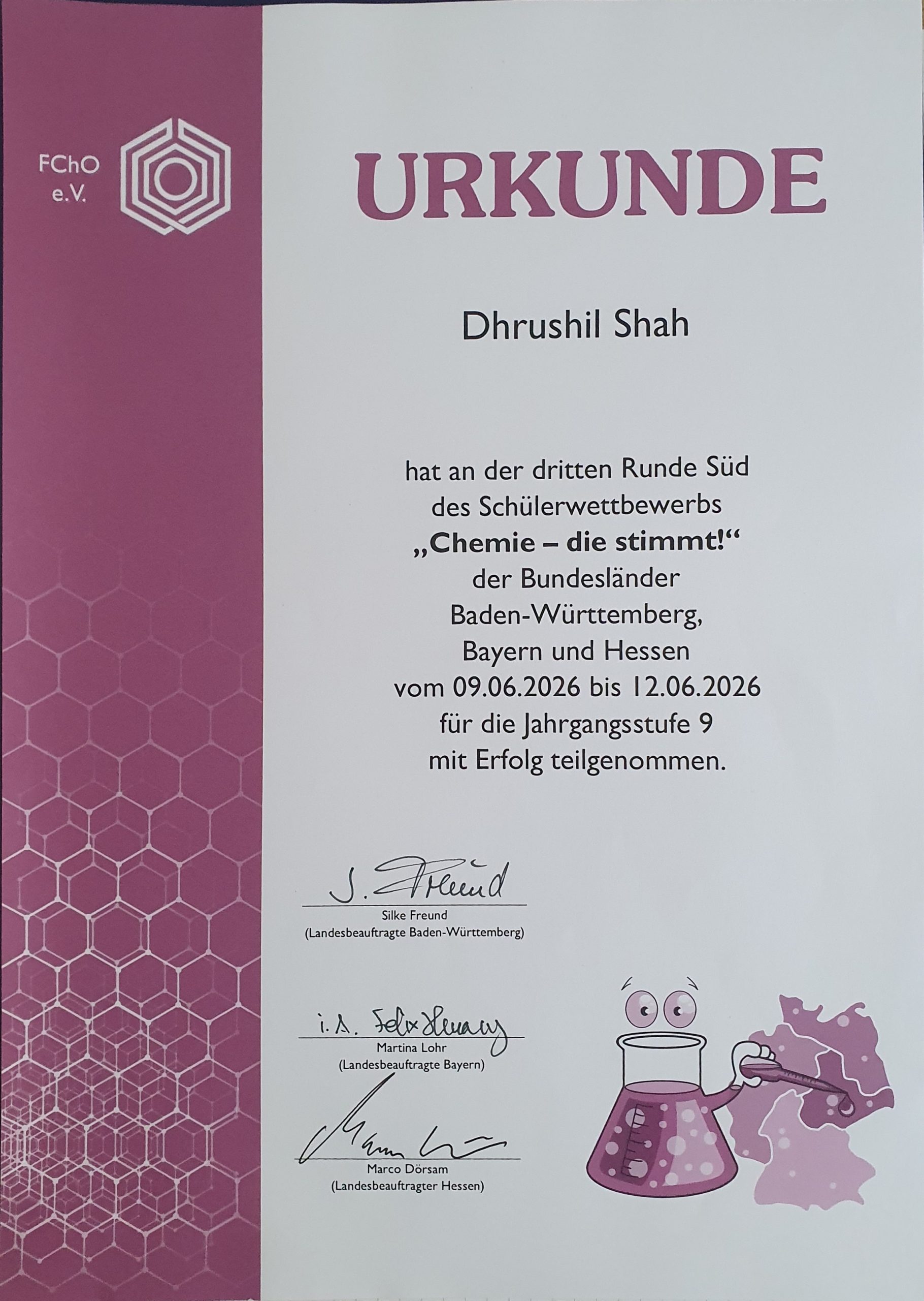 Eine Urkunde vom Wettbewerb Chemie die stimmt!